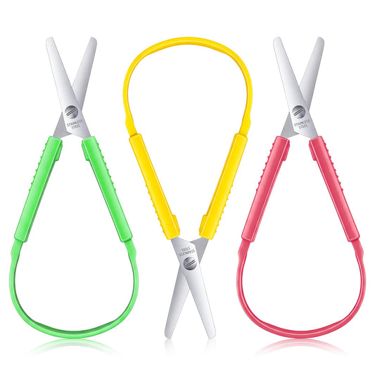 LIQWEI 3 PCS Mini Loop Scissors, 5.5" Self Opening Adaptive Scissors Colorful Kids Grip Scissor Set Right & Lefty Support for Children & Adults(Pink, Yellow, Green)