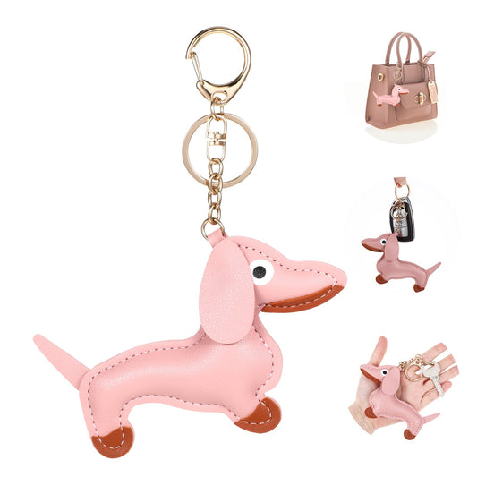 Giantree Leather Dachshund Keychain, Dachshund Keychain Bag Pendant Key Chain Cute Puppy Dog Charm Gifts for Favorite People Women Men Children Birthday Keyring (pink)