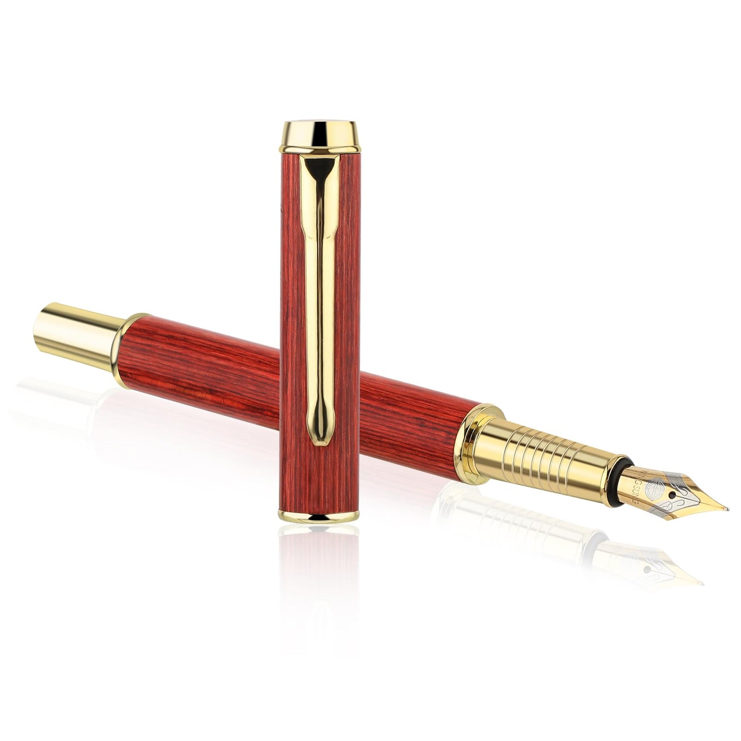 GEEHUA Vintage Wooden Fountain Pen, 0.5mm Fine Nib Business Retro Wood Fountain Pen Smooth Writing Calligraphy Pen for Signature Journal Calligraphy Office(Red Brown)