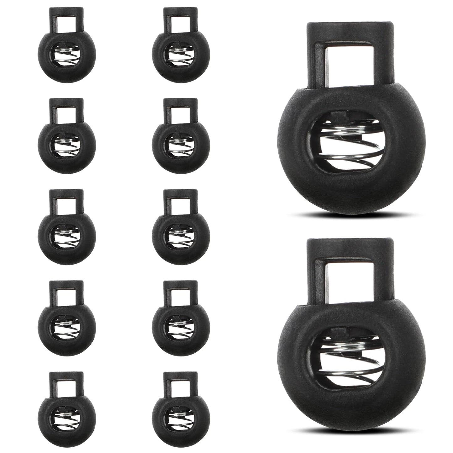 Giantree 12 Pack Round Spring Cord Lock, Black Single Hole Plastic Toggle Stopper for Drawstring Paracord Cord Stop Elastic Shoelace Lock Hats Clothes Bags String Clip Fastener Replacement(12)