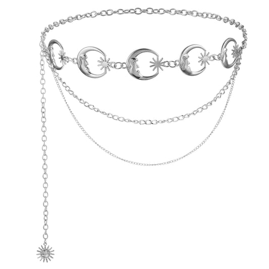 Andibro Fashion Multilayer Metal Waist Chain, Sun Chain Belt Adjustable Women Long Belt for Jean Pants Dress(silver moon)