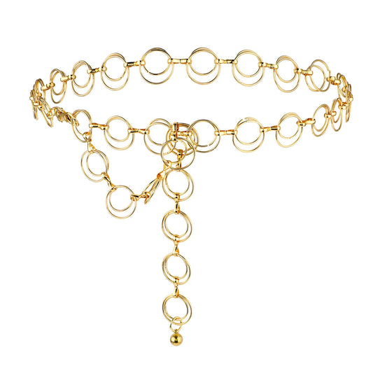 Amaxiu Women Alloy Waist Chain Belt, Metal Multilayer Chain Belts Ladies Adjustable Link Belts O-Ring Belly Belts For Dress (Gold, Fit waist up to 105cm/41)