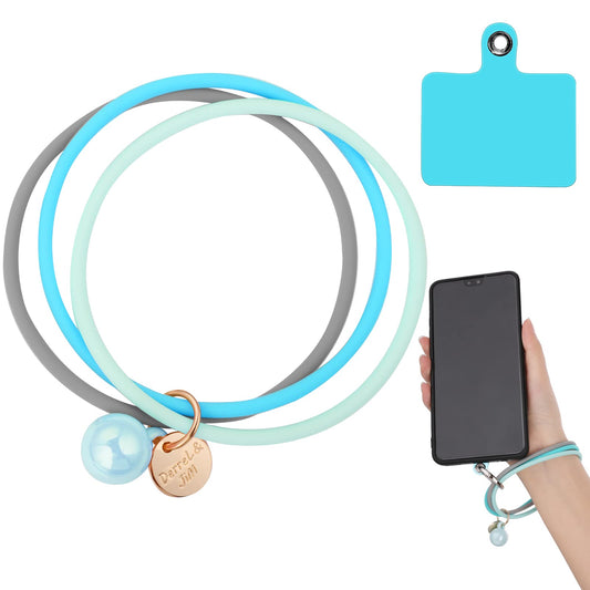 cobee 3-in-1 Silicone Phone Wrist Lanyard with Patch and Metal Ring, Universal Phone Wrist Strap Fashion Cell Phone Wrist Loop Charm for Women Compatible with Most Smartphones(Blue+Sky-Blue+Gray)