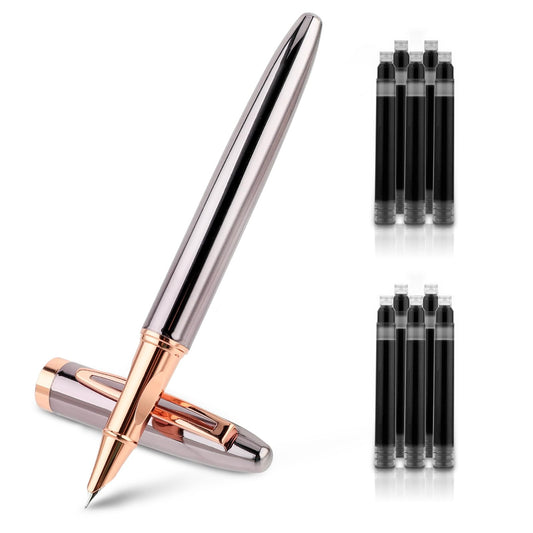 Amaxiu Metal Black Fountain Pen Set, 0.38mm Fine Nib Fountain Pen with 10 3.4mm Ink Cartridges and 1 Converter Smooth Writing Luxury Calligraphy Pen Office School Supplies Gift(Grey)