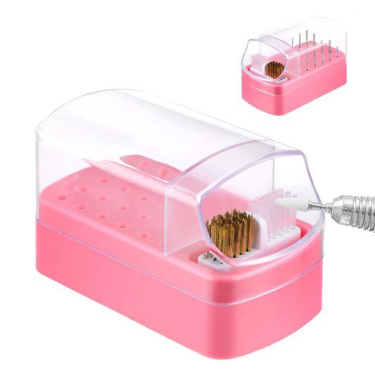 Andibro 2 In 1 Nail Drill Bits Holder, 30 Holes Dustproof Nail Bits Organizer Nail Drill Bits Cleaning Brush Case Dustproof Nail Art Drill Bits Stand Display Storage Box Cleaner Manicure Tools(Pink)