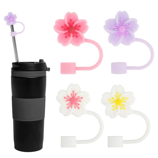 Andibro Flowers Silicone Straw Cover Cap, 4Pcs 10mm Cute Straw Toppers Compatible with 30&40 Oz Cup Reusable Straws Tips Lids for Tumblers Dust-Proof Drinking Straw Caps