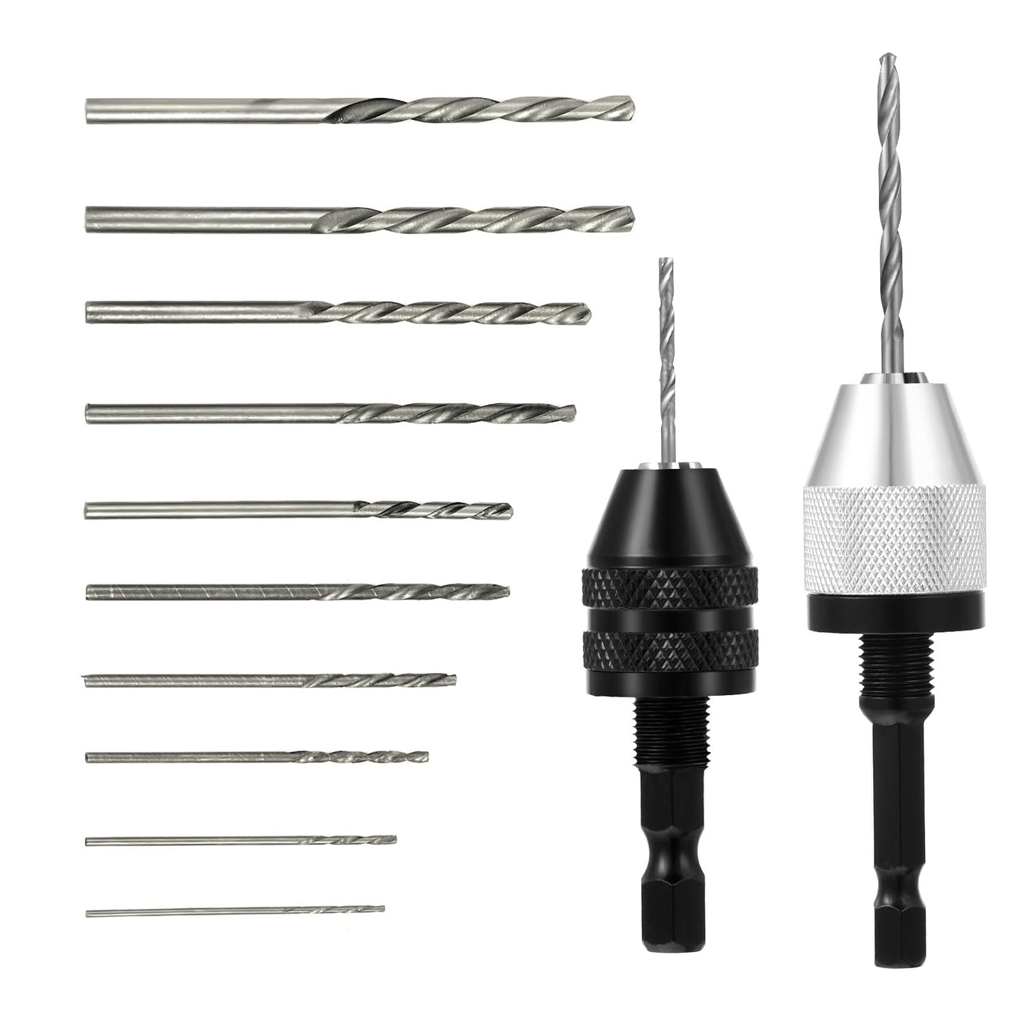 Giantree Keyless Drill Chuck Bit, 2Pcs Chuck Adapter with 10Pcs Drills, 1/4 Inch Hex Shank Fast Change Converter Extension Screwdriver Adapter for Impact Tool Attachment