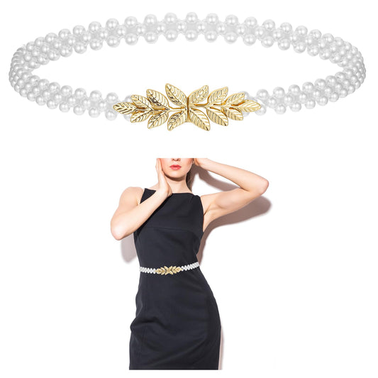 AOZUO Pearl Elastic Chain Belt, Pearl Stretchy Waist Belt Gold Leaf Waistband for Women Girl Dress Skirt Jeans, White, 70cm/27in