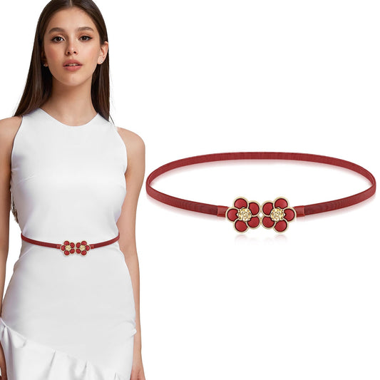 JIEYAO Women Skinny Thin Belts, Metal Cinch Belt with Flower Buckle, Fashion Elastic Waistband Spring Rope Belt for Dress(Red)