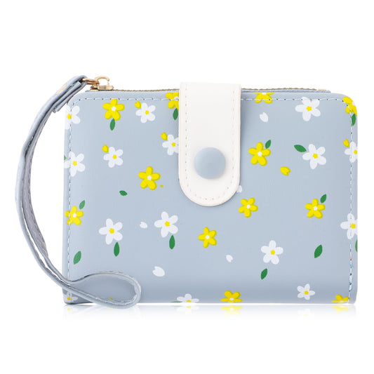 Amaxiu Women Cute Flowers Print Small Bifold Wallet, PU Leather Card Holder Cash Bag Credit Card Organizer Purse with ID Window for Women, Girls, Ladies(Blue)