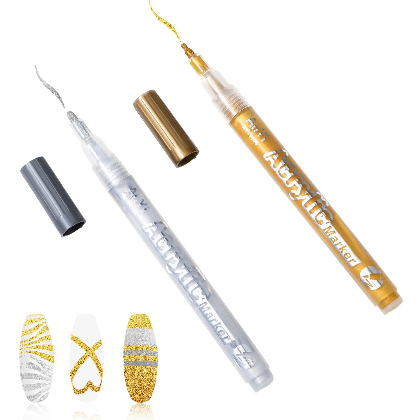 Amabro Nail Art Pens, 2pcs Acrylic Nail Drawing Markers Quick Dry 1mm Fine Tip Nail Art Graffiti Pen Nail Polish Brush Pen for Draw Point Lines Nails Art Design Manicure Tools(Gold, Silver)