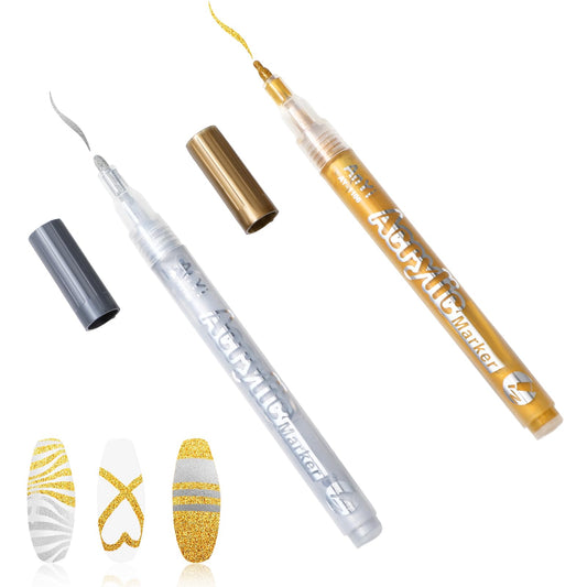 Amabro Nail Art Pens, 2pcs Acrylic Nail Drawing Markers Quick Dry 1mm Fine Tip Nail Art Graffiti Pen Nail Polish Brush Pen for Draw Point Lines Nails Art Design Manicure Tools(Gold, Silver)