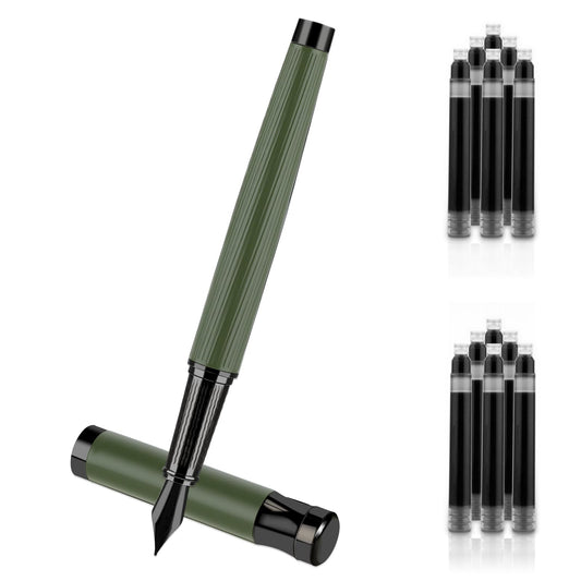Amaxiu Luxury Fountain Pen Set, 0.5mm Fine Nib Metal Fountain Pen with Converter and 10 3.4mm Black Ink Cartridges Smooth Writing Fountain Pen Business Nice Pen for Office Men Women(Green)