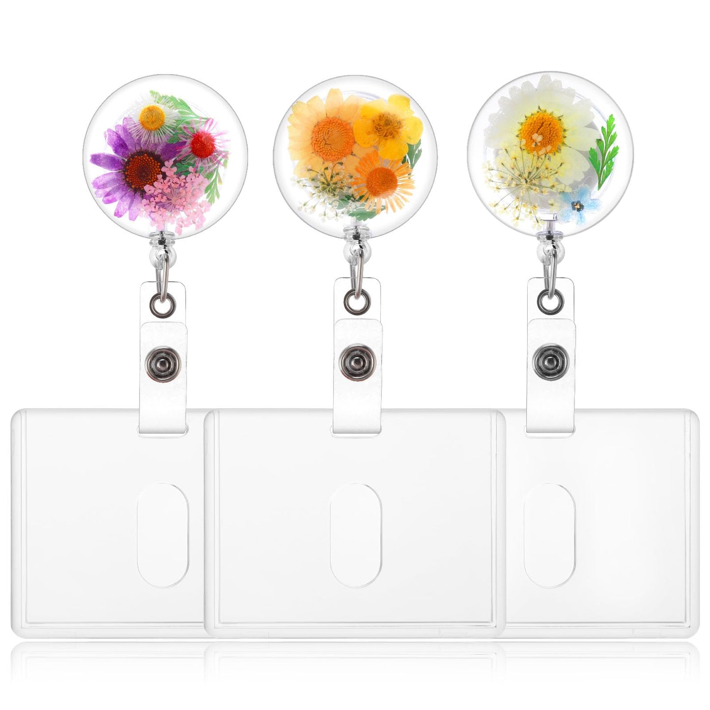 TIESOME 3 Pcs Dried Flower Retractable Badge Reel, Resin ID Card Badge Holder Reels Cute Badge Clip Floral ID Name Card Holders Aesthetics Lanyards Accessories for Nurse Doctor Teacher(C)