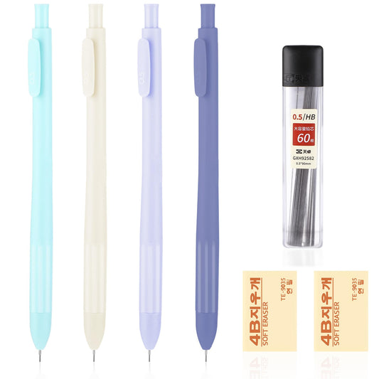 Bewudy 4PCS Mechanical Pencil Set, 0.5mm Cute Mechanical Pencils with 60PCS HB Pencil Refills & 2PCS Erasers, Aesthetic Mechanical Pencils for Girls Writing Drawing School Office Supplies