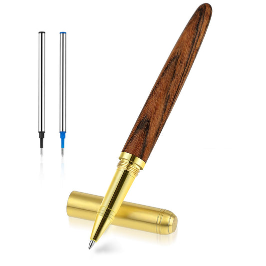 Andibro Vintage Wooden Ballpoint Pens, Handcrafted Wood 0.5mm Fine Point Rollerball Pen with 2 Ink Refills Fancy Roller Ball Pen Smooth Writing for Journaling Office School Supplies (A)