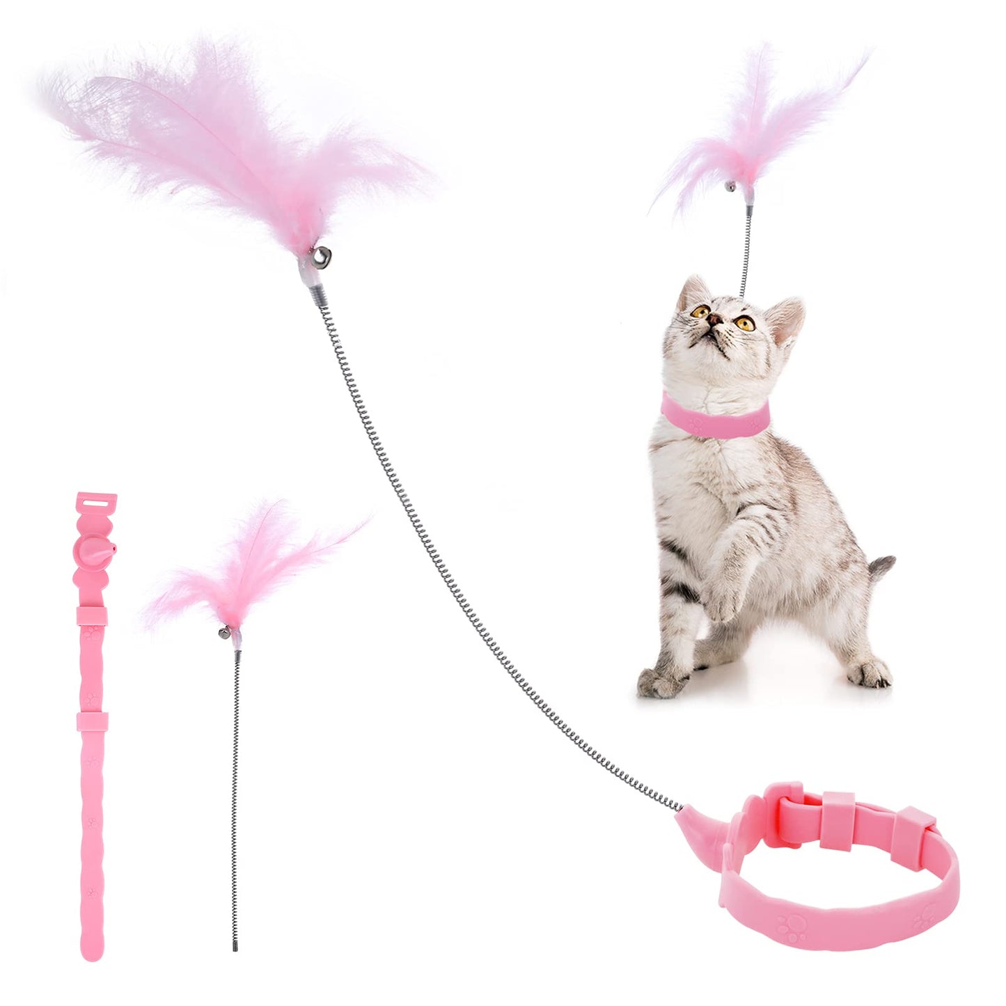 Molain Interactive Cat Feather Toy, Wearable Cat Wand Feather Teaser Toys, Indoor Hand Free Cat Toys with Silicone Collar & Bell