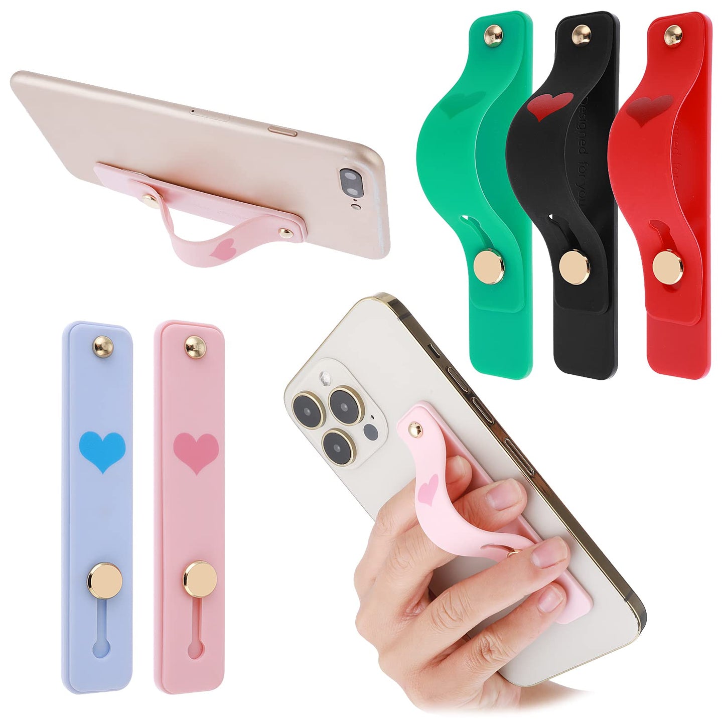 cobee Phone Loop Finger Holders, 5 Pcs Phone Strap Grip Holder Telescopic Cell Phone Stands Universal Silicone Colorful Phone Grip Stand Compatible with Most Smartphones, Tablets(Love Heart)