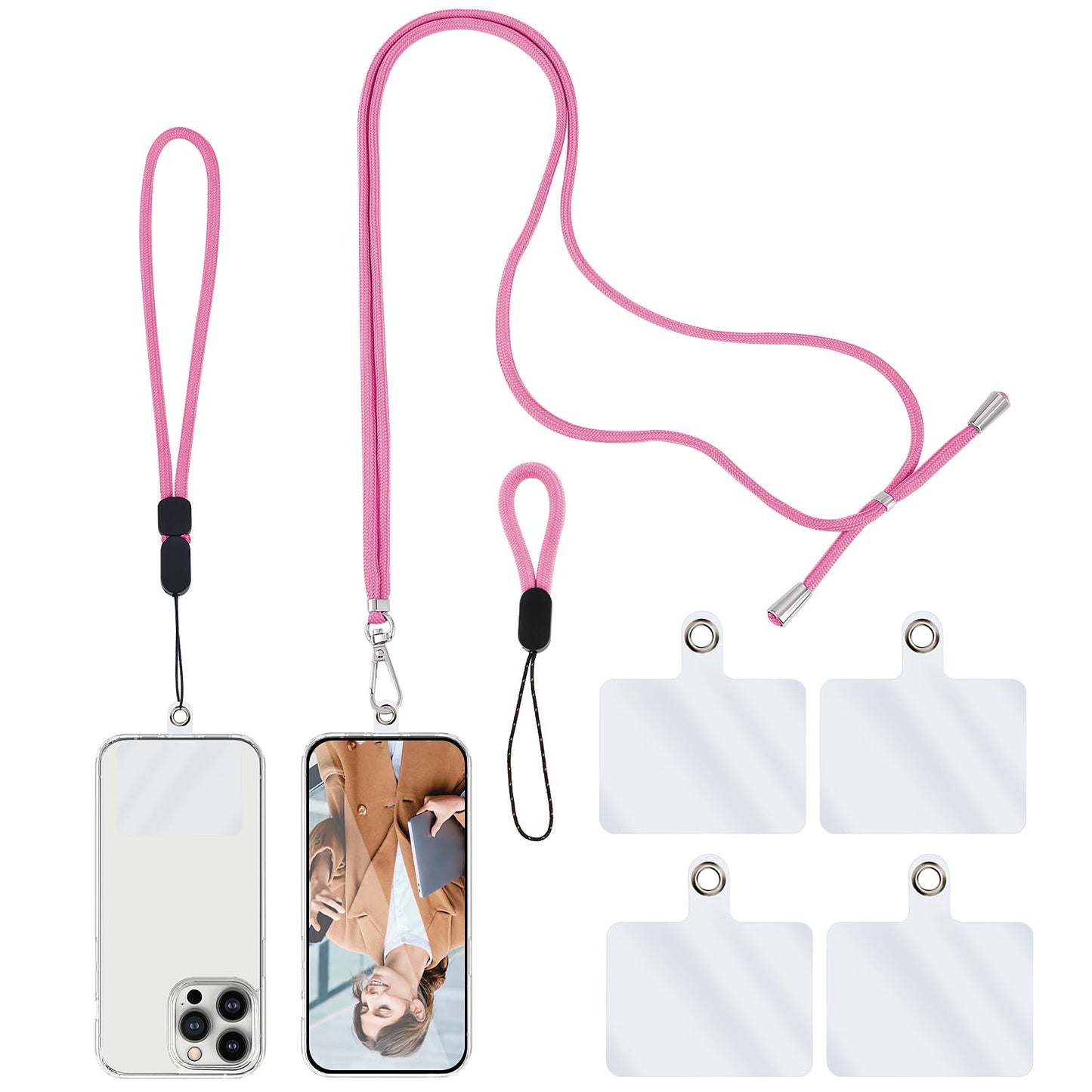 simarro Universal Cell Phone Lanyard, Crossbody Patch Phone Lanyards For Around The Neck, Phone Neck Lanyard, Wrist Phone Strap, Finger Phone Strap, 4× Phone Patch (Pink)