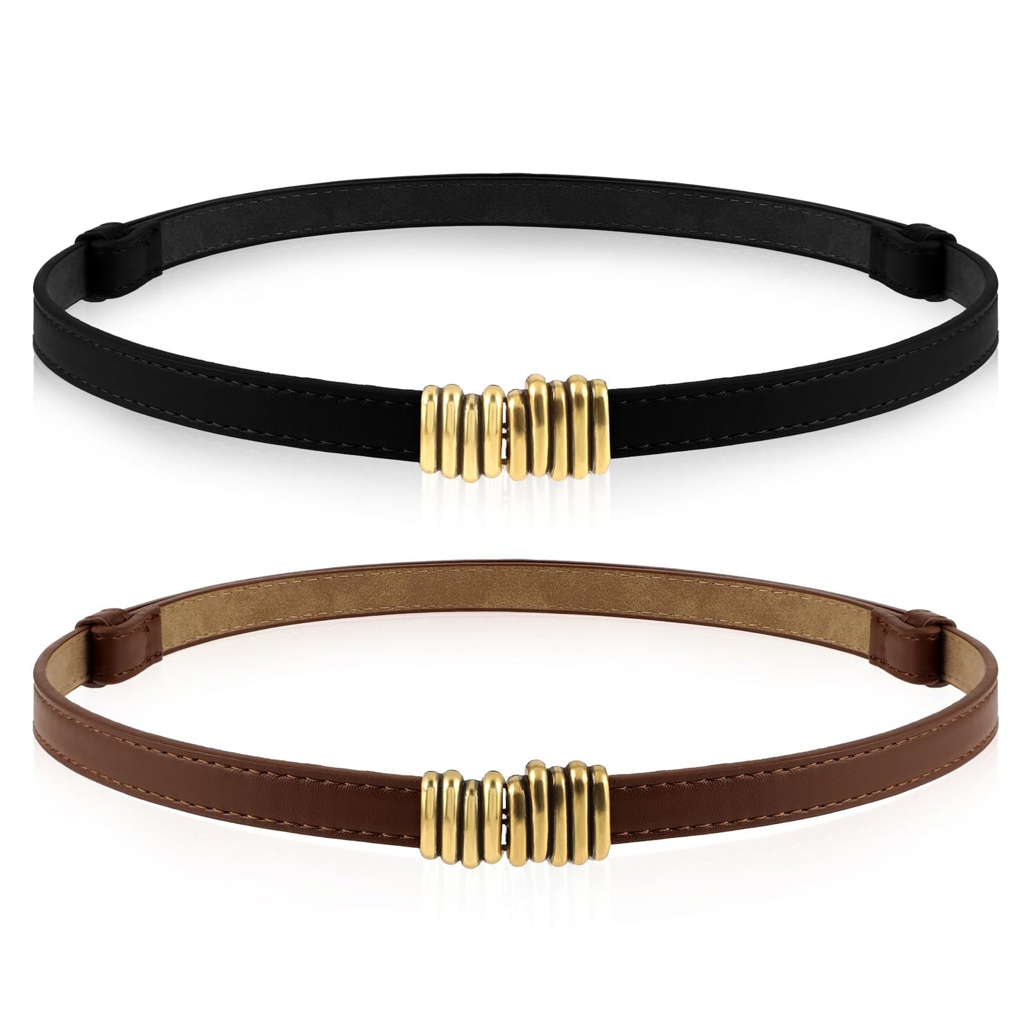 Giantree 2 Pcs Women Skinny Leather Belts, Adjustable Ladies Thin Waist Belt for Dresses Jeans Pants with Gold Buckle(Black+Coffee)