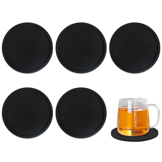 Giantree Silicone Drinking Coasters, 5 Pack Non-Slip Round Coasters for Drinks, Non-Stick Coasters for Tabletop and Office Protection Silicone Coasters for Beverage Coffee Home Decor(Black)