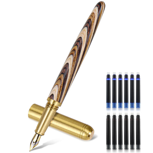 Andibro Luxury Wooden Fountain Pen Set, Fine Nib Brass Wood Fountain Pen with 12 Ink Cartridges Vintage Handmade Fountain Pen Retro Writing Pens for Gift Journaling Office Supplies