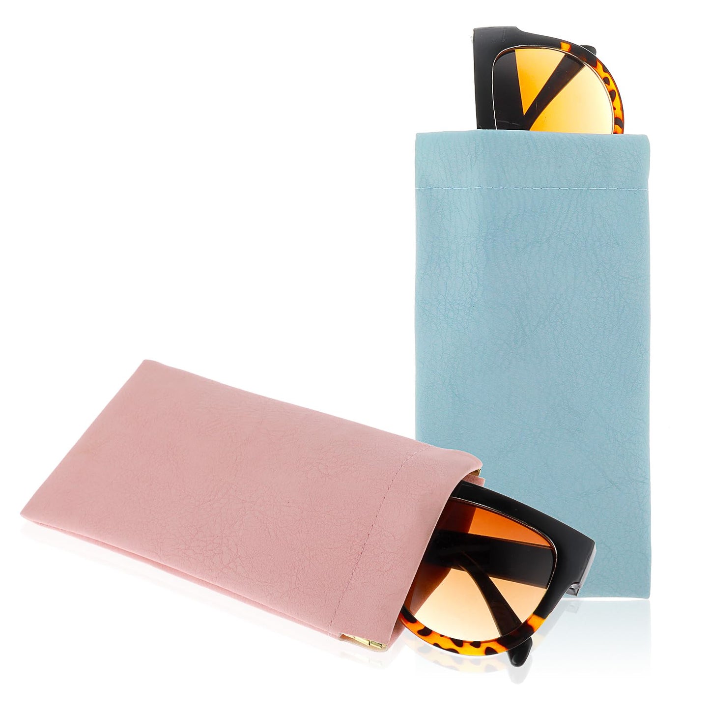 cobee Soft Leather Sunglass Pouch, Portable Squeeze Top Eyeglass Case Travel Sunglasses Bag Glasses Storage Case Makeup Pouch Eyewear Case for Men Women, 2 Pack(Blue, Pink)