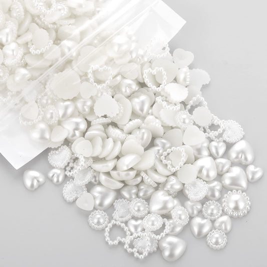 Giantree 500Pcs Nail Stickers, Creamy White Pearls Heart Nail Charms 3D Nail Art Material Embellishments for Nail Art DIY Crafts Accessories(White)
