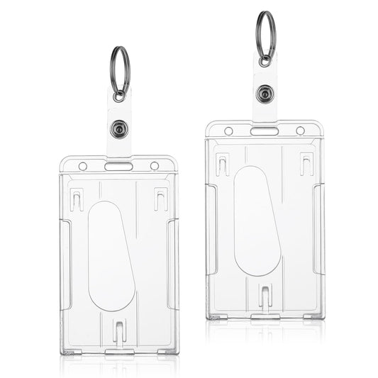 Amaxiu Heavy Duty ID Badge Holders with Keyring, 2 Pcs Thumb Slot Card Holders Clear Credit Card Protector Hard Plastic Badge Holders for Nurse Teacher Office School Supplies (Vertical)