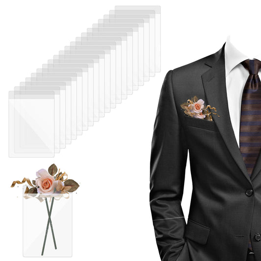 Jeffdad 20PCS Pocket Boutonniere Plastic Flower Sleeve, Fits in Suit Jacket Pocket No need to Poke Holes for Groom Groomsmen Prom and Homecoming (Flowers Not Included)
