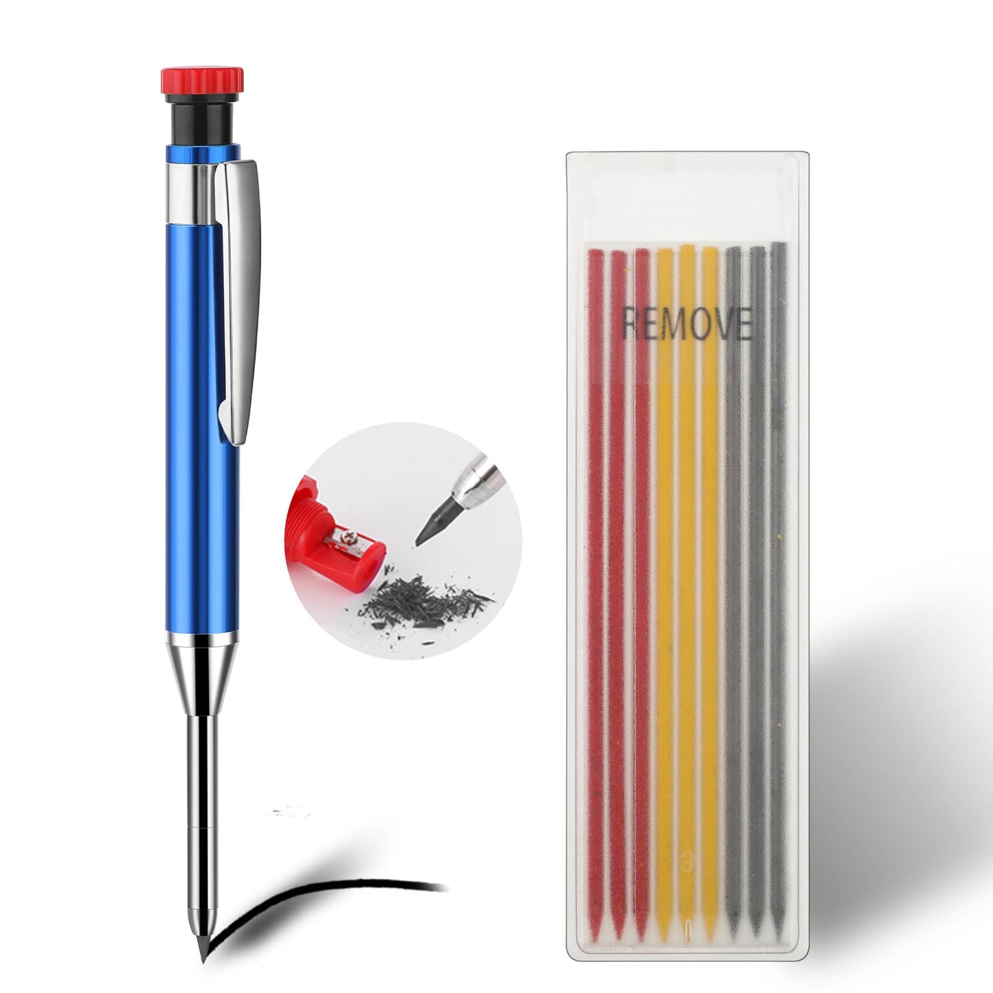 Amabro Mechanical Carpenter Pencils with 9 Refills, Solid Woodworking Pencils with Built-in Sharpener Deep Hole Marking Automatic Pencil Tools Heavy Duty Scriber for Architect Construction(Blue)