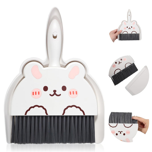 JIYIN Portable Hand Broom and Dustpan Set, Cute Rabbit Design Portable Mini Broom and Dustpan Set with Durable Brush, Lightweight Dust Pan and Brooms for Desktop Kitchen Small Space Cleaning