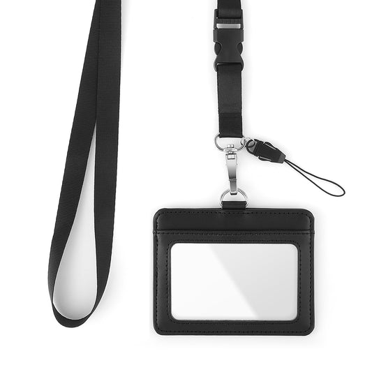 Andibro Genuine Leather ID Badge Holder with Lanyard, 2 Card Slot ID Card Holder Soft Leather ID Card Holder Waterproof Clear ID Window Card Protector Name Badge case for School Office Supplies