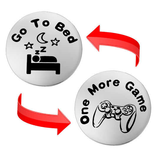 Amaxiu Decision Makers Coins Gifts, Funny Destiny Flip Coins One More Game or Go To Bed Stainless Steel Flipping Challenge Choice Lucky Coin for Game Lovers Men Women Birthday Valentine's Day(Silver)