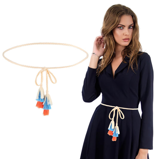 simarro Women's Thin Braided Belt, Fashion Tassel Waist Cord Boho Braided Waist Belt Dresses Braided Waistband Literary Macaron Color Belt for Skirt Dress