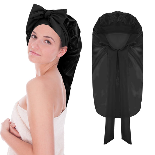 JIYIN Long Satin Bonnet for Sleeping, Long Bonnet Satin Bonnet Silk Bonnet for Sleeping Women Long Hair Bonnet Sleep Cap with Tie Band Silk Sleep Cap for Braids Curly Hair (UK, Alpha, One Size, Black)