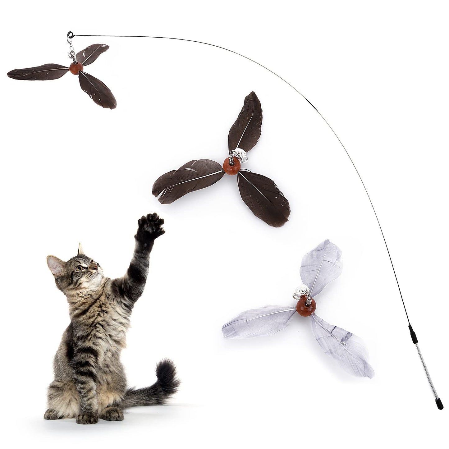 cobee Cat Feather Propeller Wand Toy, Cat Feather Toys Replacement, Replacement Refill Feather Interactive Cat Chaser Toys, Kittens Wand Refills Attachments for Kitten Training Exerciser(Black+Grey)