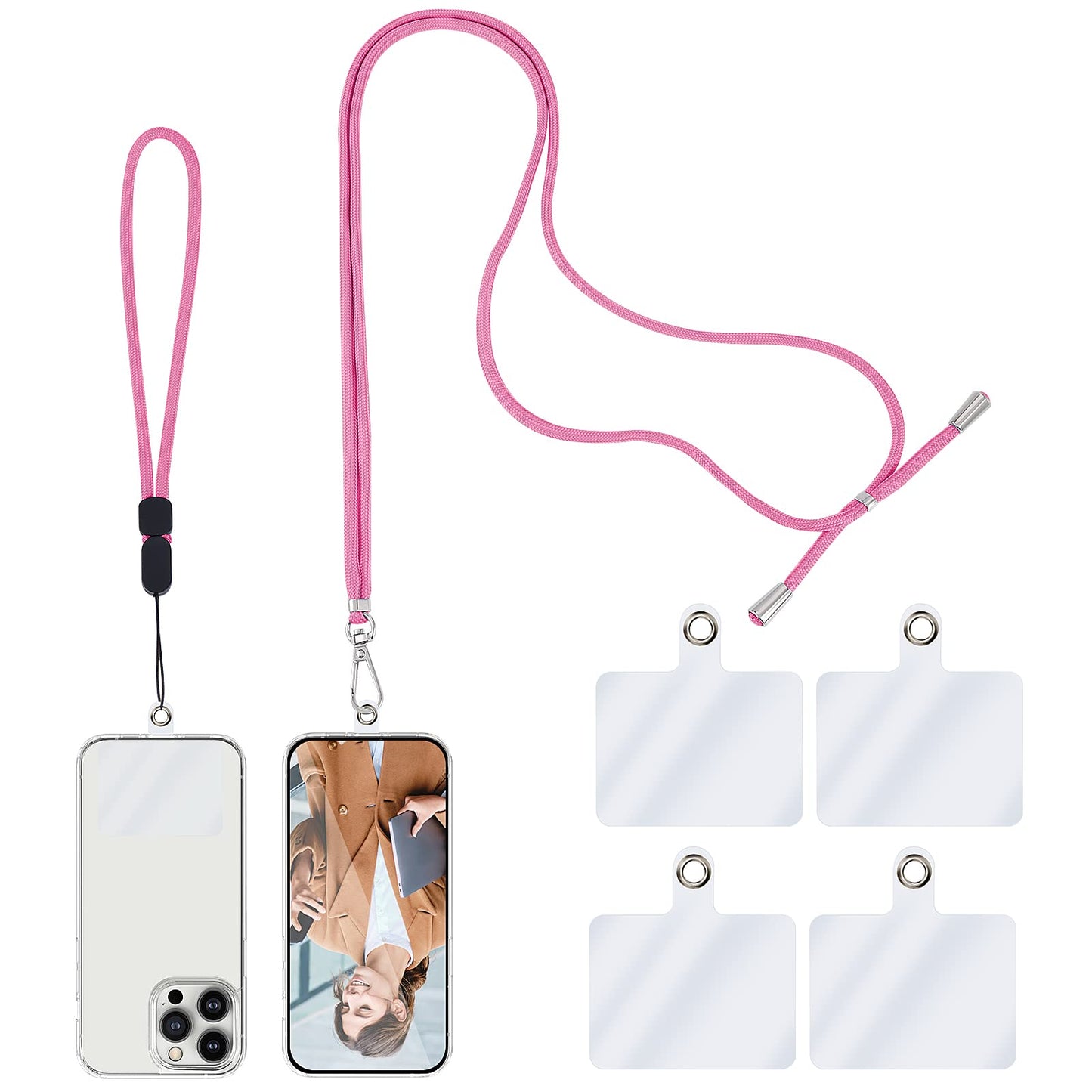 TIESOME Universal Cell Phone Lanyard, Crossbody Lanyard with Adjustable Nylon Neck Strap, 1 Phone Neck Lanyard+1 Wrist Phone Strap+4 Connectors Compatible with Most Phones (Pink)