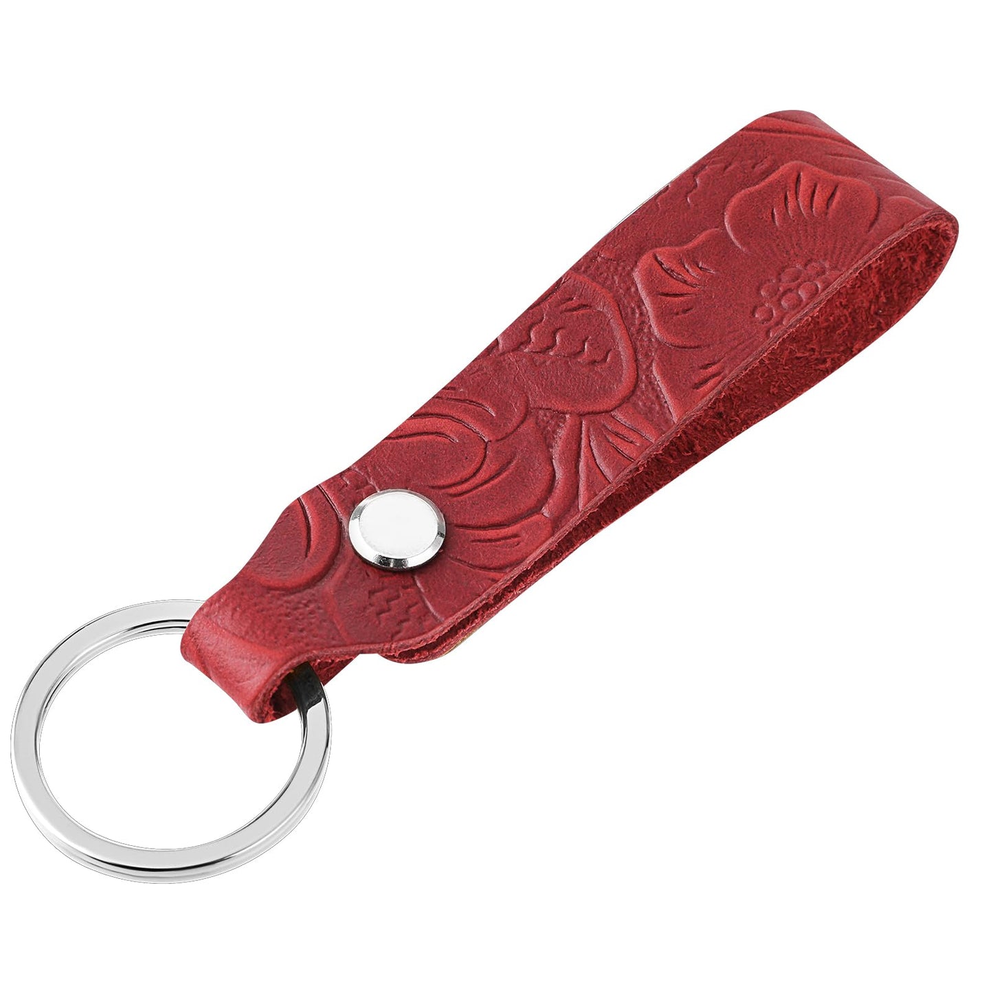 simarro Genuine Leather Car Keychain, Universal Carved Keychain Pendant Anti-Lost Car Key Chains with Keyrings Home Key Ring Strap Holder Lanyard for Women and Men (Red)