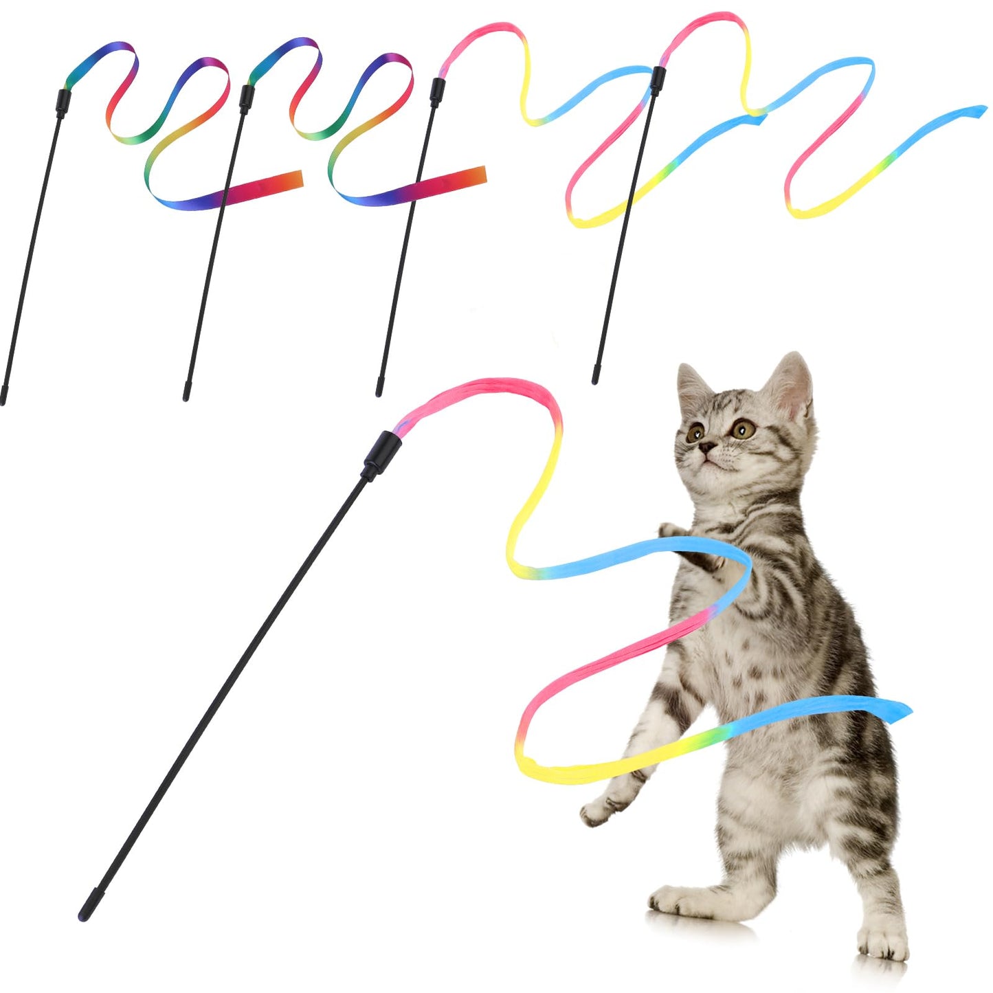 simarro 4 Pcs Cat String Toys, Interactive Cat Teaser Wand String Toys for Cats, Rainbow Cat Ribbon Toy for Most Cats and Kittens Play Chase Exercise