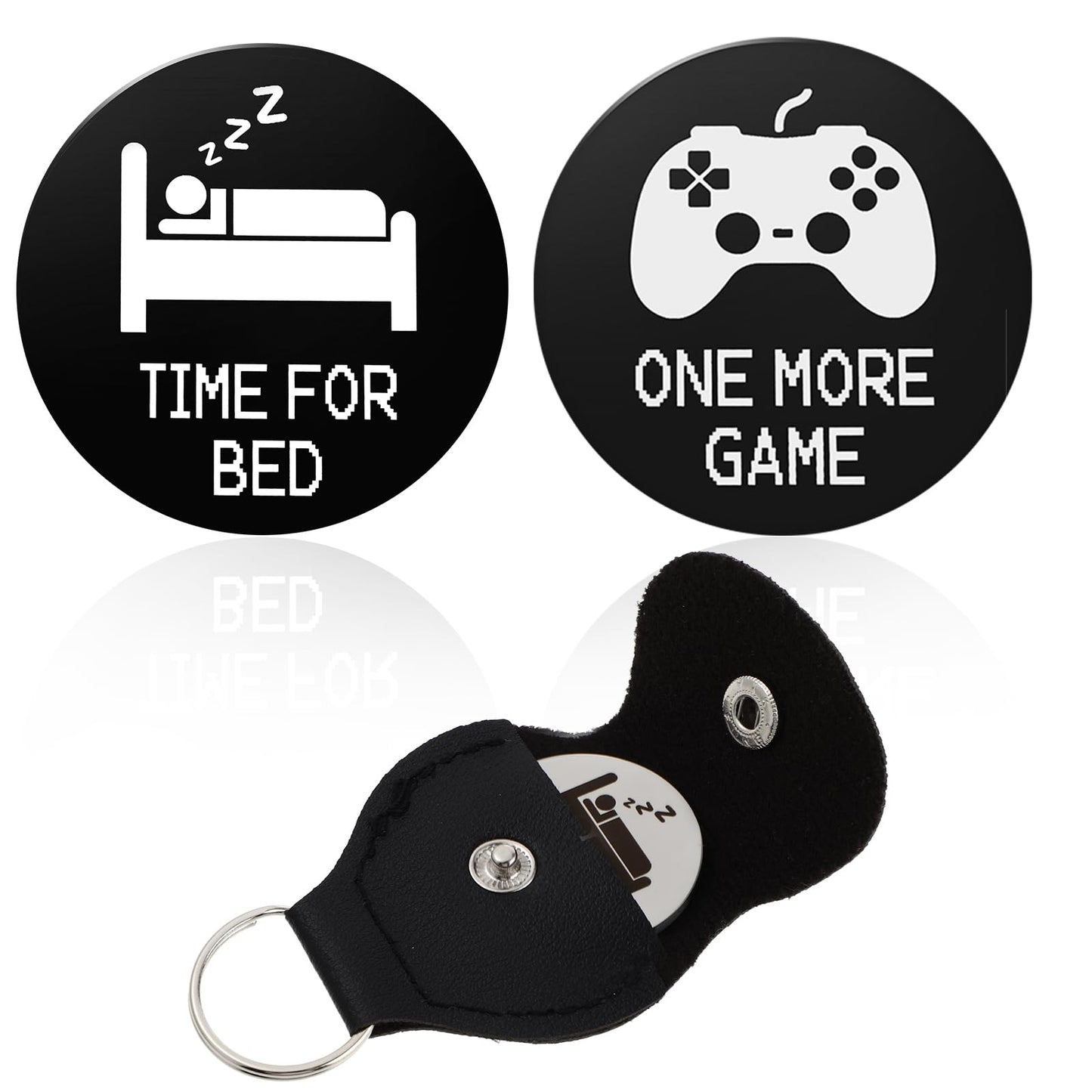 Amaxiu Funny Decision Maker Coins, Novelty Destiny Flip Coins with Leather Keychains Pocket Hug Token Gifts for Game Lovers Men Women, One More Game/Time for Bed(Black)