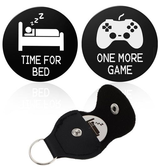 Amaxiu Funny Decision Maker Coins, Novelty Destiny Flip Coins with Leather Keychains Pocket Hug Token Gifts for Game Lovers Men Women, One More Game/Time for Bed(Black)