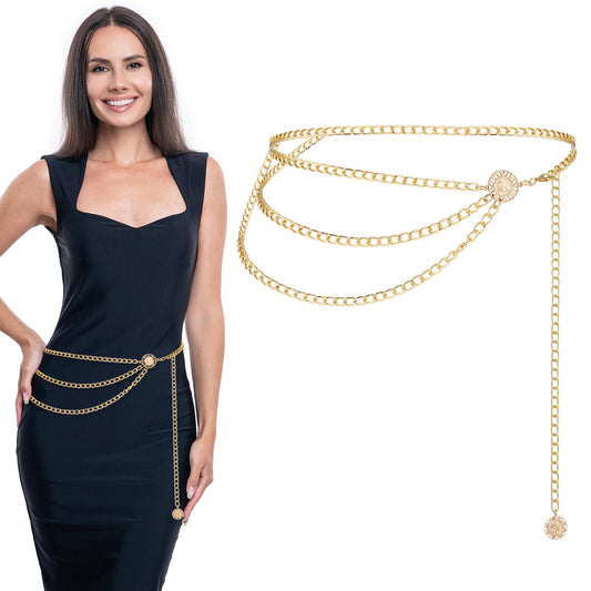 JIEYAO Multilayer Metal Chain Belts, Womens Metal Belts for Dresses Adjustable Body Belly Chain Long Waist Belt for Jeans(Gold,105cm/41.3in)
