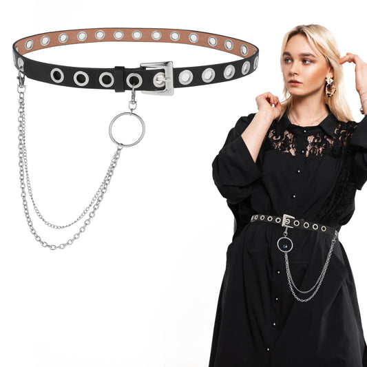 Bewudy Grommet Leather Belt with Detachable Chain Metal Punk Rock Jeans Waist Belts for Women Men