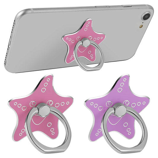 TIESOME 2Pcs Cell Phone Ring Stand Holder, Cute Animal Pattern Painted Metal Finger Stand Kickstand 360°Rotation Phone Ring Holder Stand Ring Hand Grip with Knob Loop (Starfish-Purple Pink)
