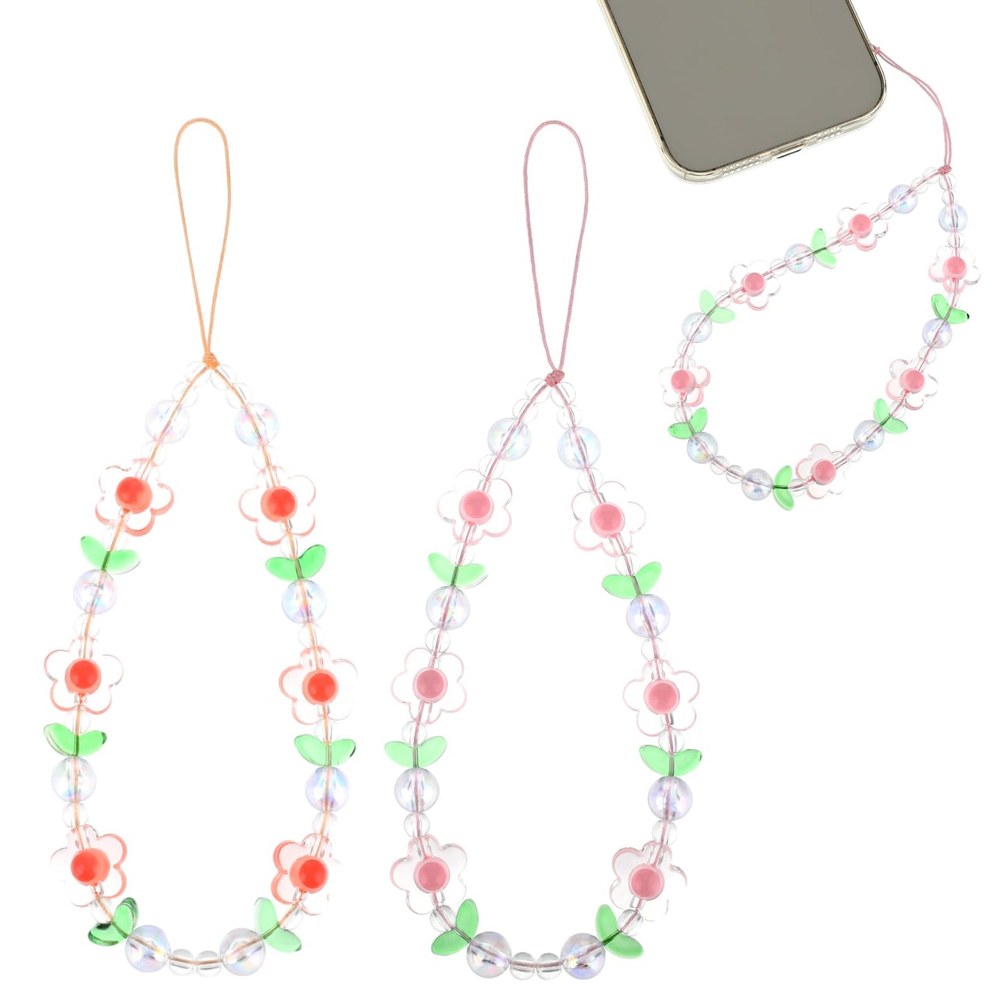 Amabro 2Pcs Flower Beaded Phone Charm, Cute Phone Chain Strap Anti-Lost Phone Wrist Chain Pink Floral Acrylic Phone Keychain Strap Charm Orange Phone Lanyard for Women Girls