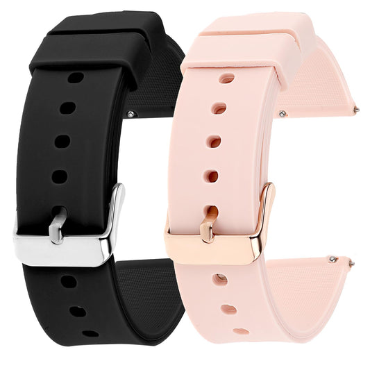 cobee 2 Pcs Silicone Watch Bands, Quick-Release Waterproof Soft Watch Straps with Silver or Gold Stainless Steel Buckle Compatible with Smart Watch Sport Watch Wrist Straps(20mm, Black and Pink)