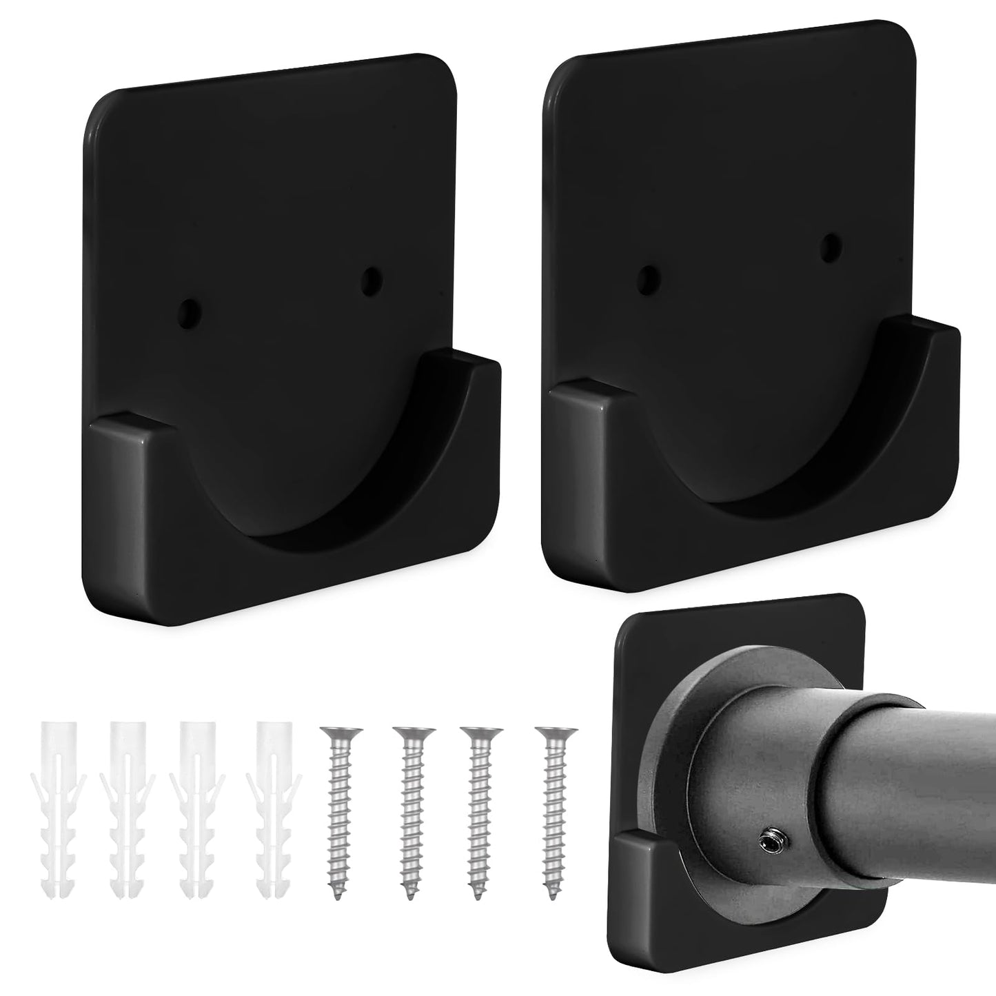 Giantree 2 Pcs Adhesive Shower Curtain Rod Holder with Screw, No Drilling & Drilling 2-in-1 Universal Curtain Rod Holder Curtain Tension Rod Holder Wall Mount Holder Not Included Rod(Black)
