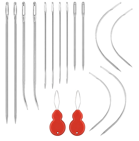 LIQWEI Leather Needles Hand Sewing, 14Pcs Heavy Duty Sewing Needle Set with 2Pcs Threaders, Curved & Triangular Needles for Upholstery, Leather, Canvas Repai