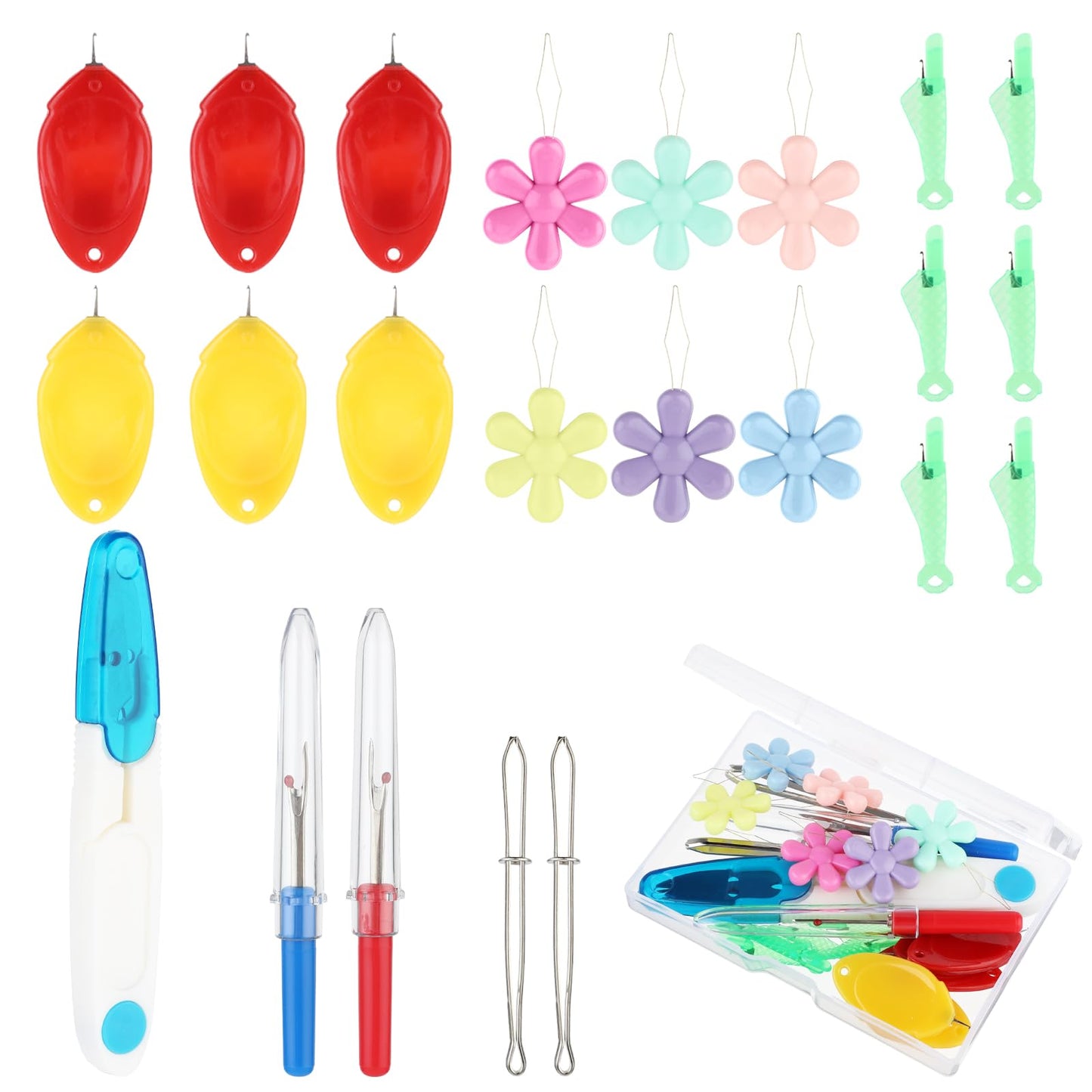 simarro Needle Threaders for Hand Sewing, 25 Pcs Needle Threaders Kit, Include Fish Thumb Flower Shaped Threaders/Seam Rippers/Sewing Tweezers/Thimble/Scissor